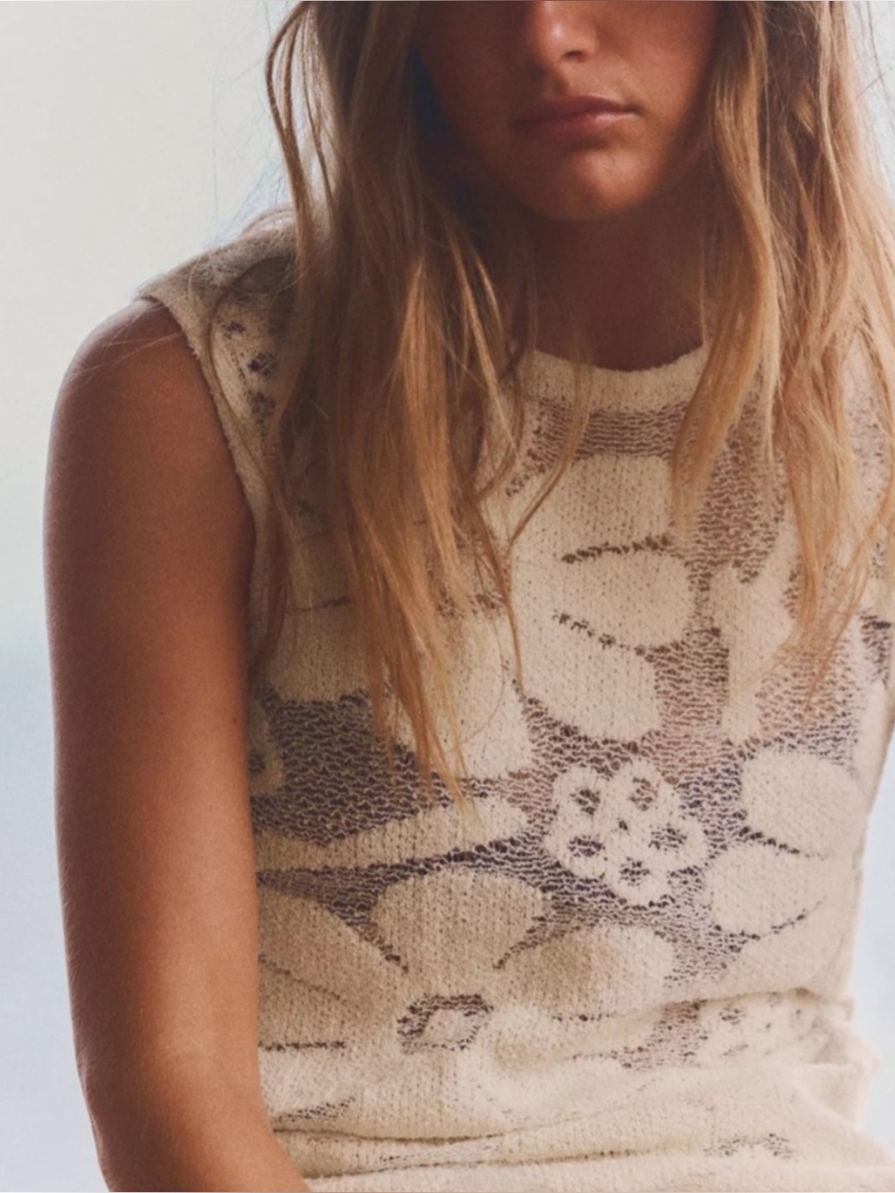 ZARA | NWT Floral Textured Knit Sleeveless Top in Ecru, Size Medium
